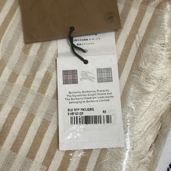 BURBERRY Striped Logo Silk Wool Jacquard Square Scarf In Beige - Picture 2 of 4